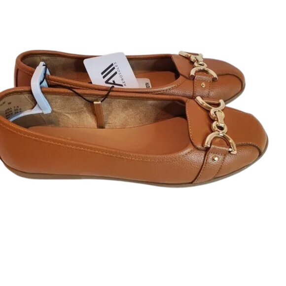 NWT Aerosoles Wide Width Comfortable Womens Buckle Ballet Shoes Flat Cognac Brwn - Picture 2 of 6